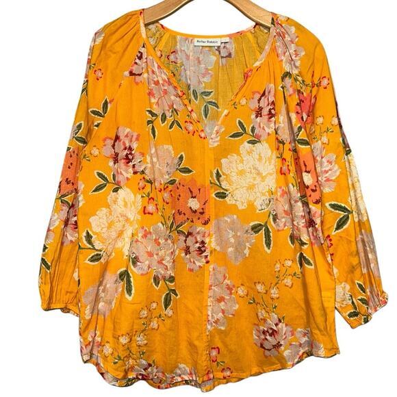 Roller Rabbit Tops - Roller Rabbit Women’s Size L Yellow Floral V-Neck Peasant Blouse Top Shirt